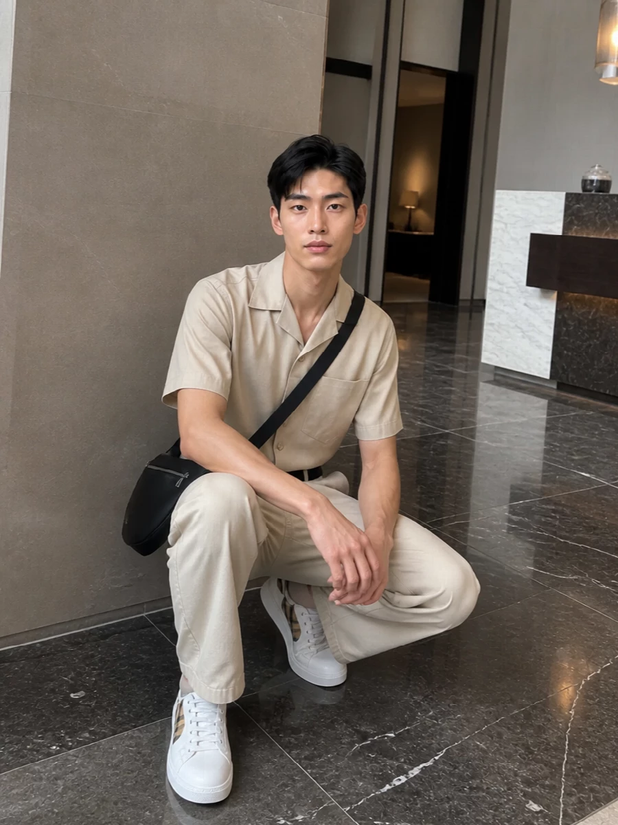 Burberry beige camp shirt track pants outfit