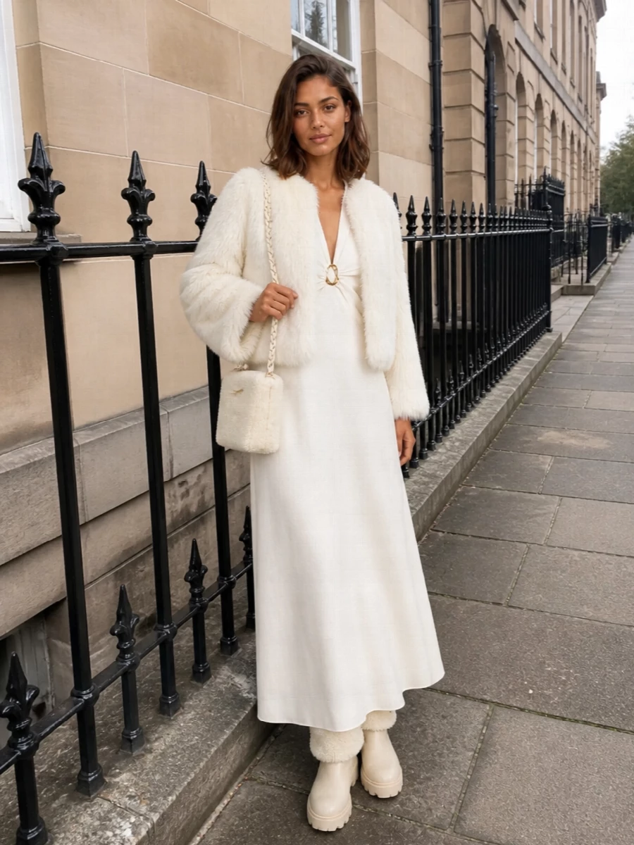 Ermanno faux fur jacket forte forte ivory maxi dress