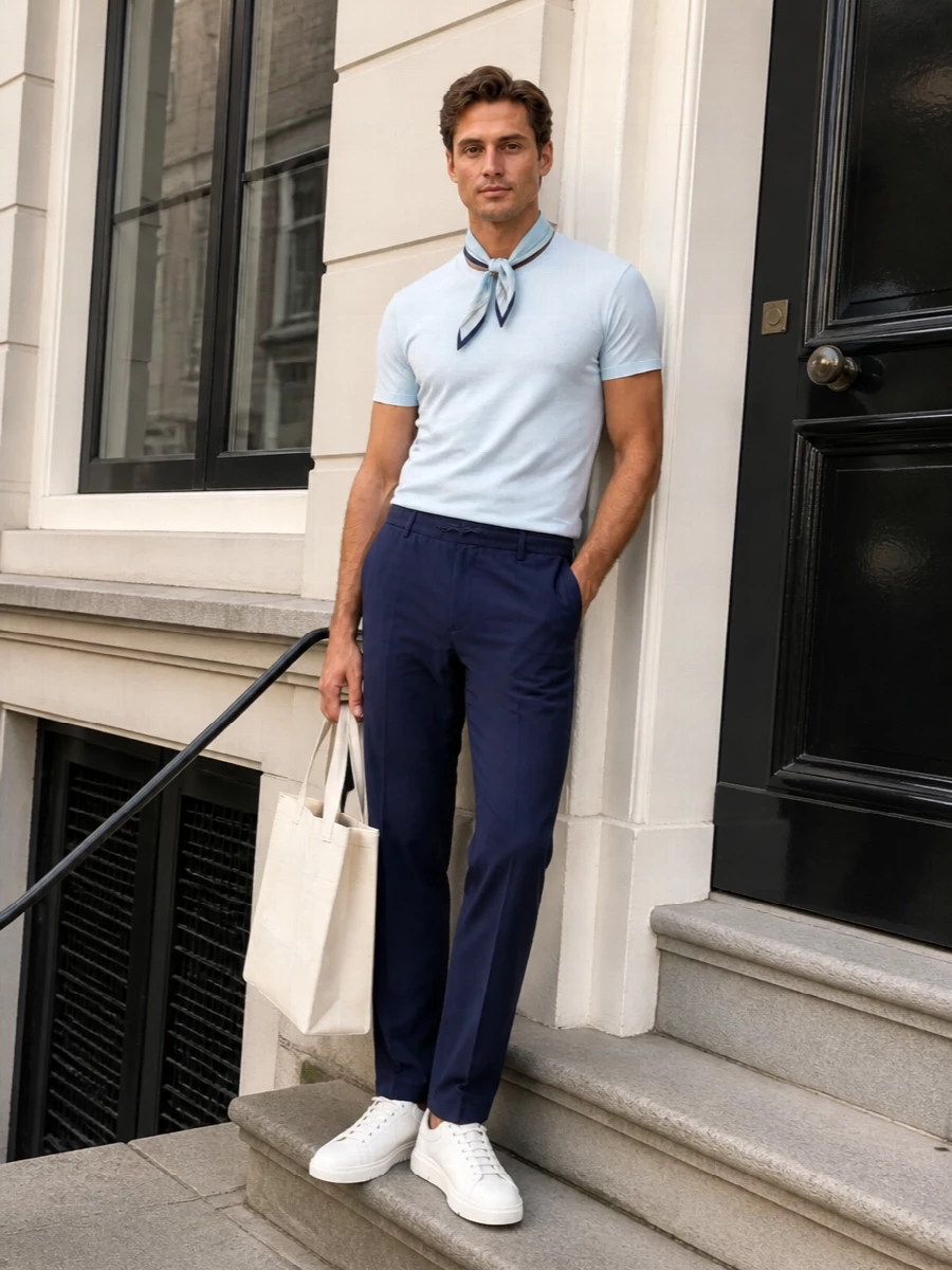 Ice blue and deep navy keep this outfit calm, precise and very Italian, with the straight-leg trouser nudging the tee into smart-casual territory. Clean white sneakers and the structured off-white tote sharpen the palette, while the sky-blue scarf adds a considered touch of pattern that still feels restrained. It is an easy city uniform for warm days when you want polish without formality.
