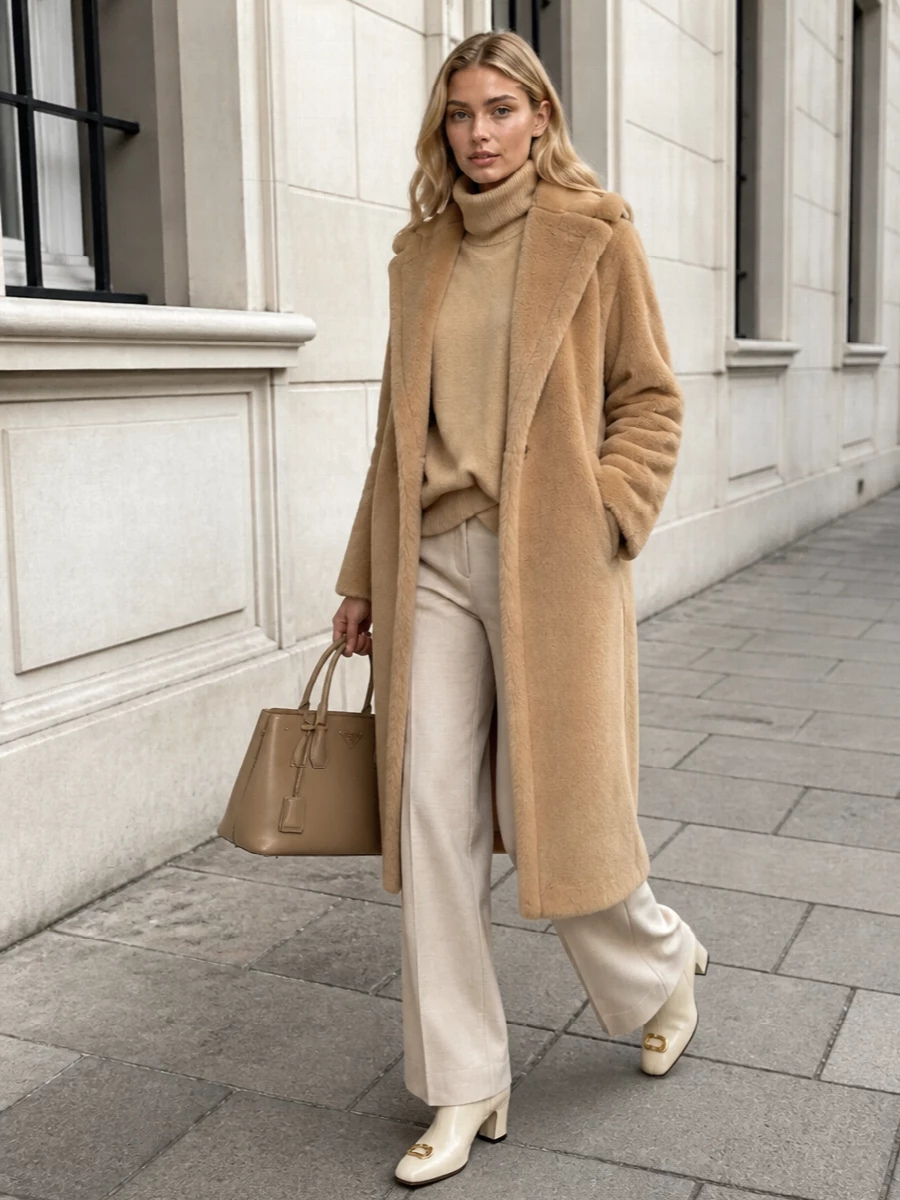 I’ve styled the faux-shearling Max Mara coat with a tonal camel oversized turtleneck and light-beige fluid wide-leg trousers to create a long, softly sculpted column that feels cocooning yet impeccably refined. Cream Valentino ankle boots and a structured camel Prada tote sharpen the silhouette and keep the palette in a restrained spectrum of camels and creams, elevating the look to quiet-luxury city polish that works from daytime meetings to understated dinners. I chose the top + bottom route rather than a dress to maintain a more architectural, elongated trouser line under the substantial coat.