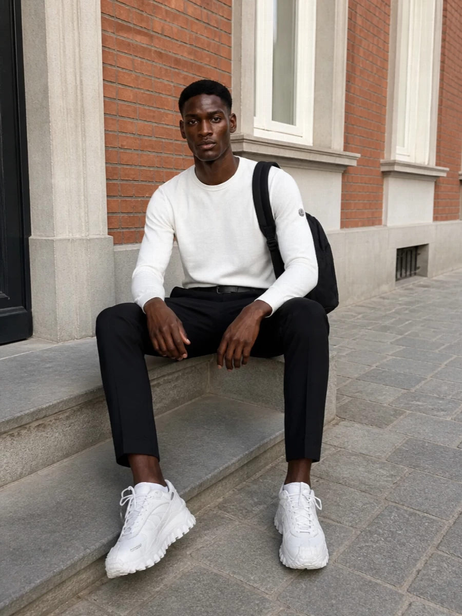 Moncler genius black trouser off white knit sneakers