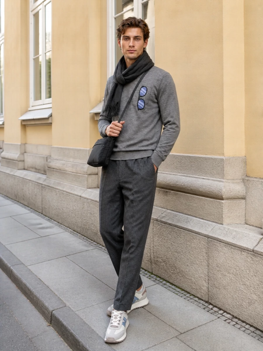 Moschino grey sweater tailored trousers outfit