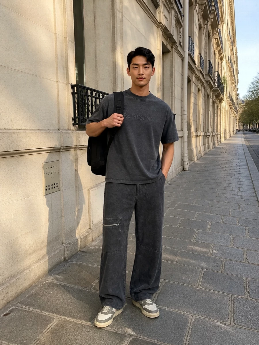Washed charcoal tones run from tee through trouser, giving a soft, almost monochrome base with a relaxed skate energy. The wide leg stacks neatly over the neutral Represent sneakers, so the proportions feel intentional rather than slouchy. A matte black backpack keeps it practical for city days without interrupting the muted, low-key palette.