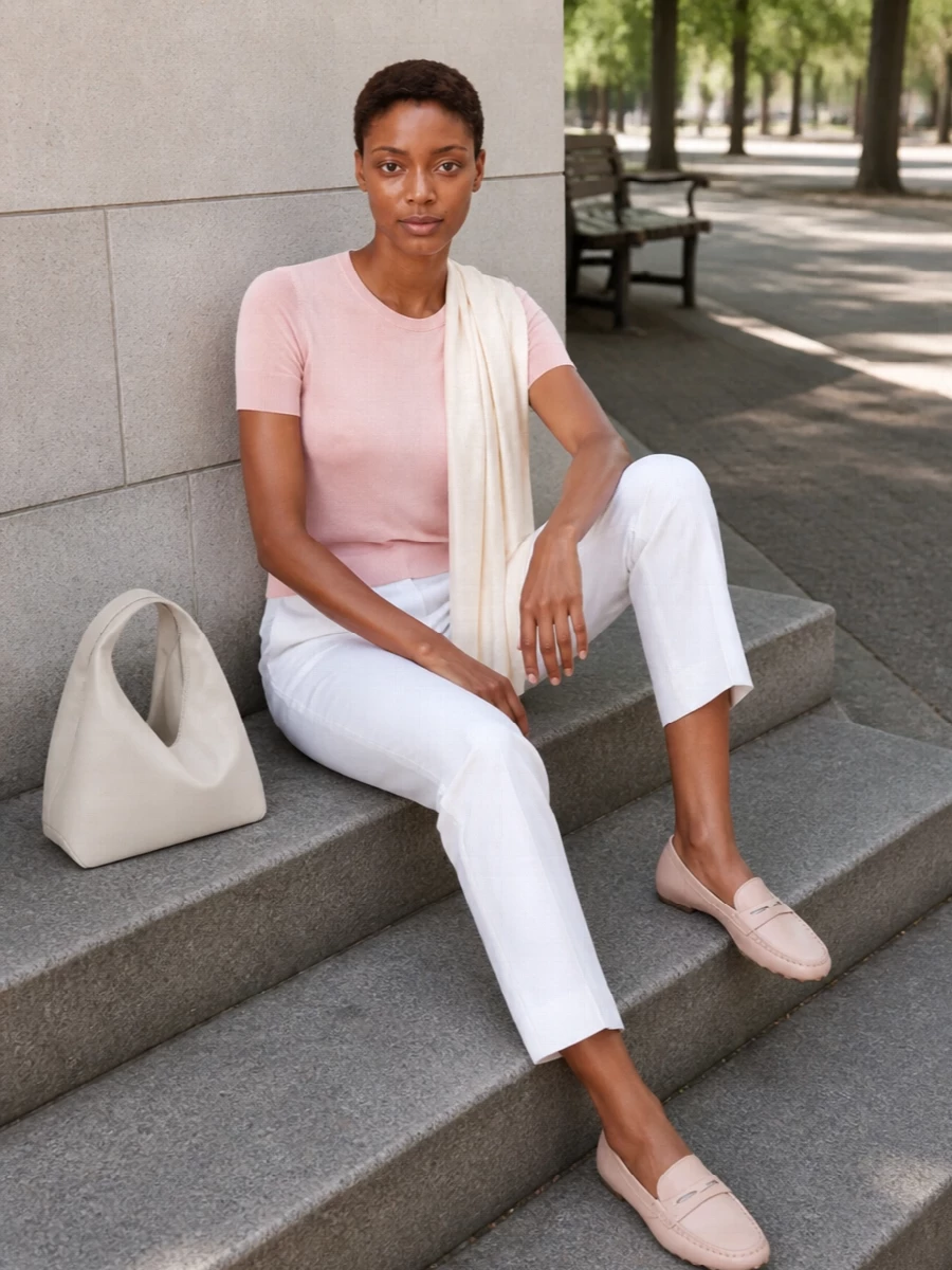 Herno blush knit white trousers tods loafers