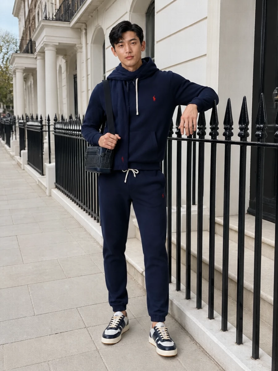 A navy-on-navy Polo sweatshirt set gives you that clean collegiate base, with the joggers matching the hoodie’s drawcords and logo hit. Navy and white Hogan sneakers keep the palette tight while adding structure and a slightly smarter finish underfoot. A compact Bally crossbody and a matching Polo scarf pull everything into a considered city-ready uniform that still feels easy for travel, coffee runs or off-duty days.