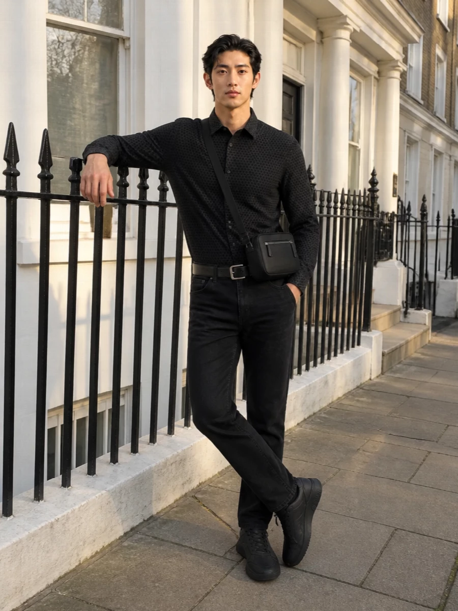 Boss black jeans dark shirt sneakers outfit
