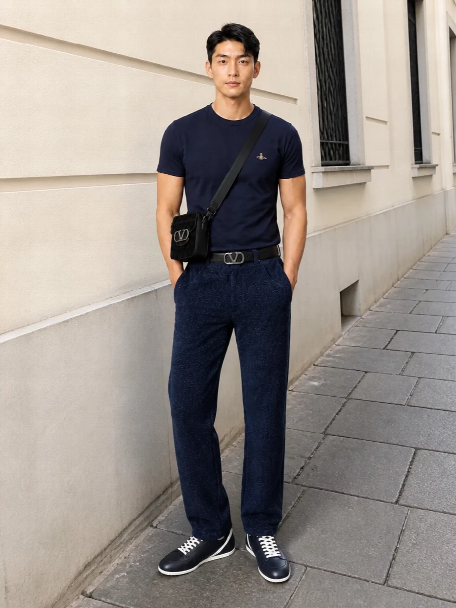 A navy Orb tee sits against midnight textured trousers for a calm, tonal take on casual tailoring. Navy leather sneakers keep everything grounded and modern, while the compact black crossbody and subtle belt hardware give just enough definition. It is a clean, city-ready uniform that feels relaxed but considered from coffee runs to low-key dinners.