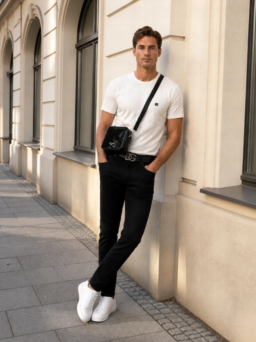 Off-white and black stay tightly edited here, so the focus is on cut and texture rather than noise. The regular crew tee and straight black trousers create a clean vertical line, grounded by box-fresh white sneakers and a discreet black belt. A compact crossbody adds just enough utility to feel city-ready without breaking the minimalist rhythm.