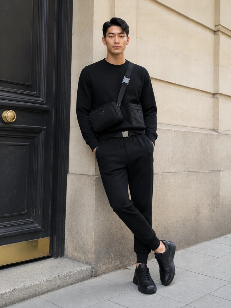 Prada black track pants technical sweatshirt outfit