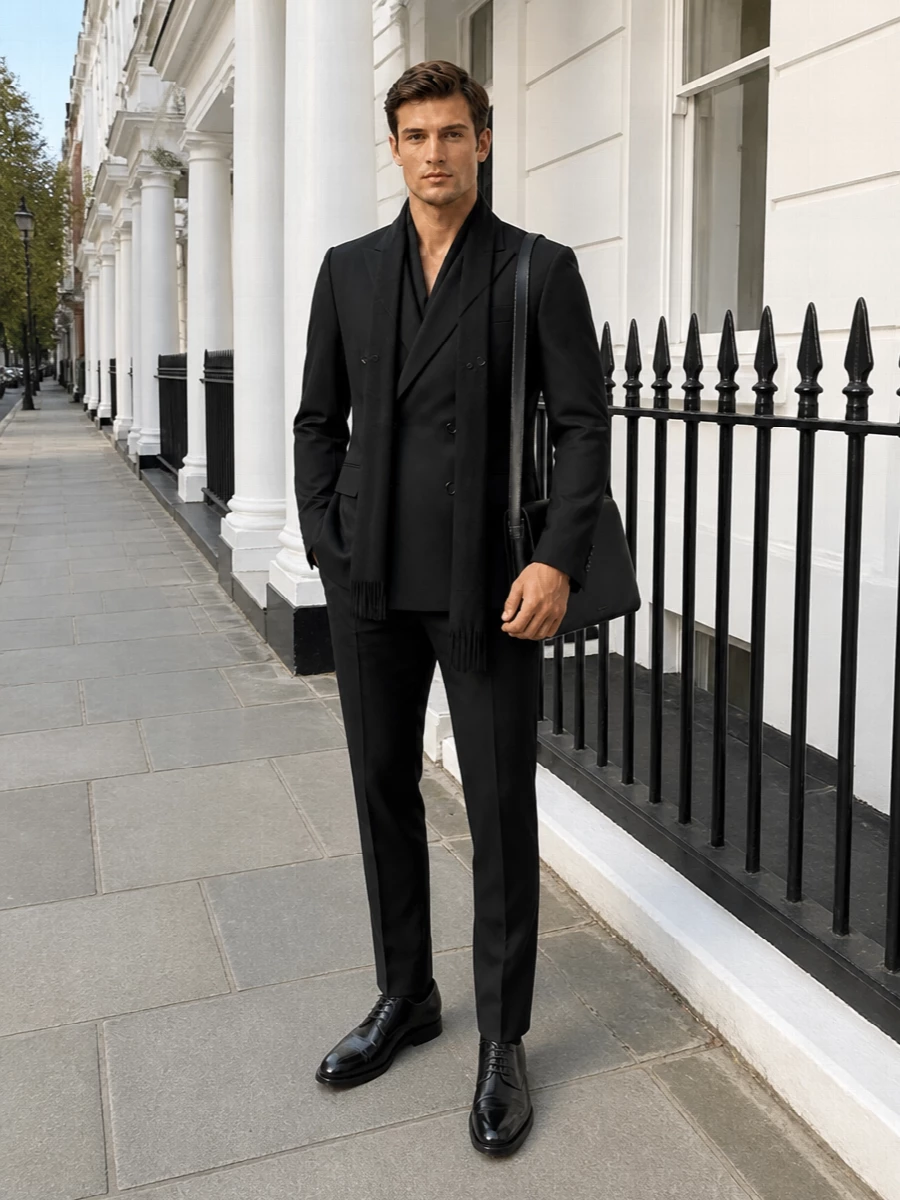 Dries van noten black double breasted suit derby