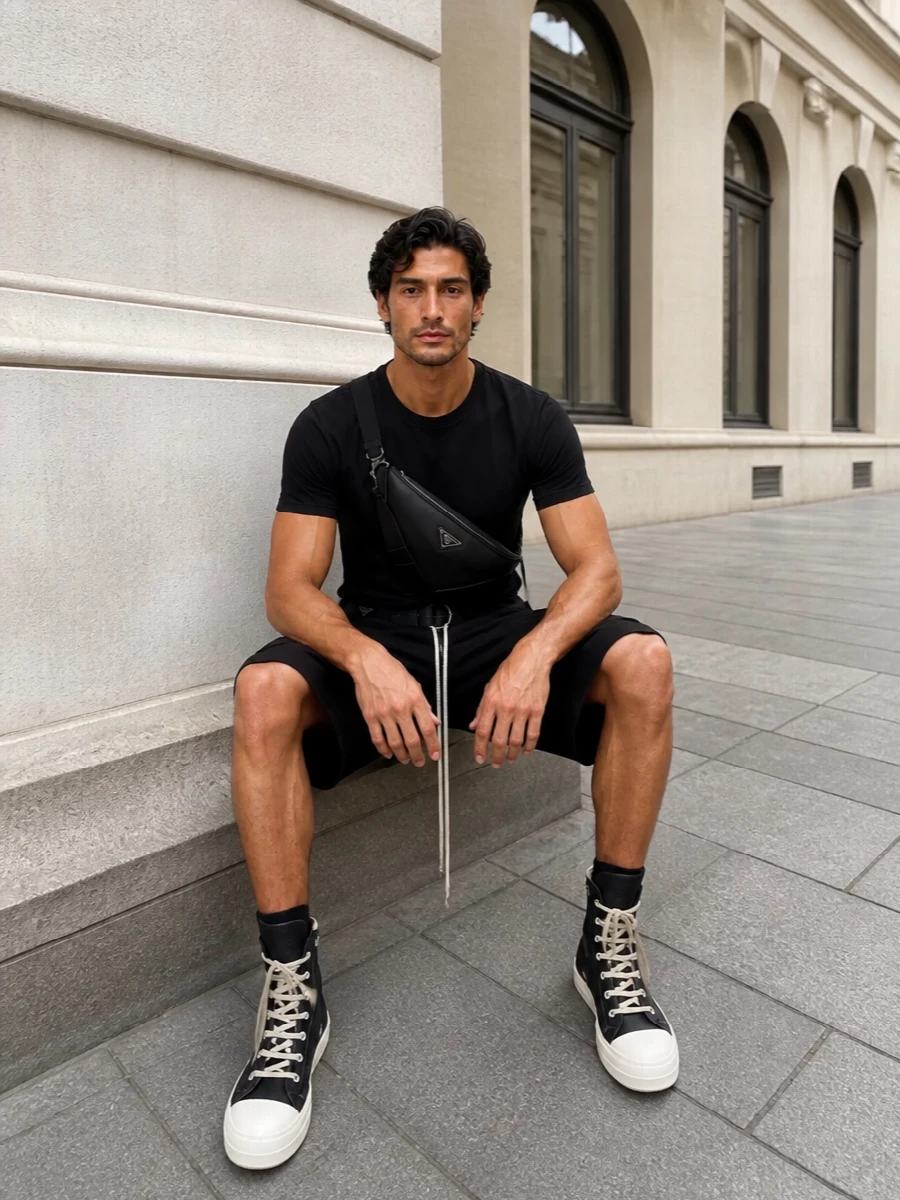 Rick owens drkshdw black tee cargo shorts outfit