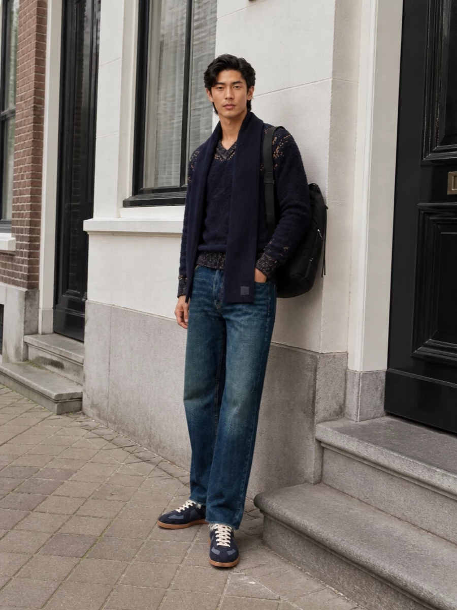 Maison margiela navy sweater straight jeans outfit