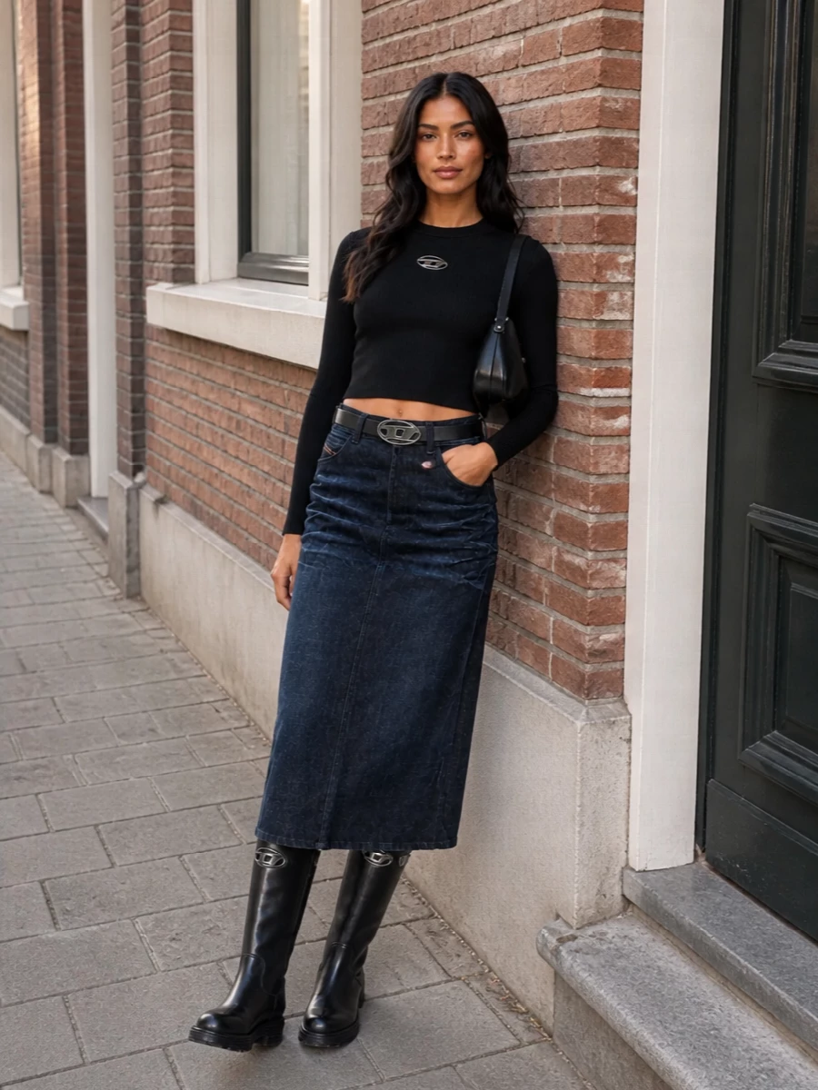 A dark, high-rise denim midi anchors the outfit, cinched with a sharp Diesel logo belt and paired with a body-hugging black ribbed knit for a clean, grunge-lean silhouette. Chunky black knee-high boots ground the proportions and keep it street, while a sculpted black shoulder bag finishes the set with a streamlined, hardware-led edge. The result is a cool, urban uniform that moves easily from daytime city wear to low-lit evenings without changing the core pieces.