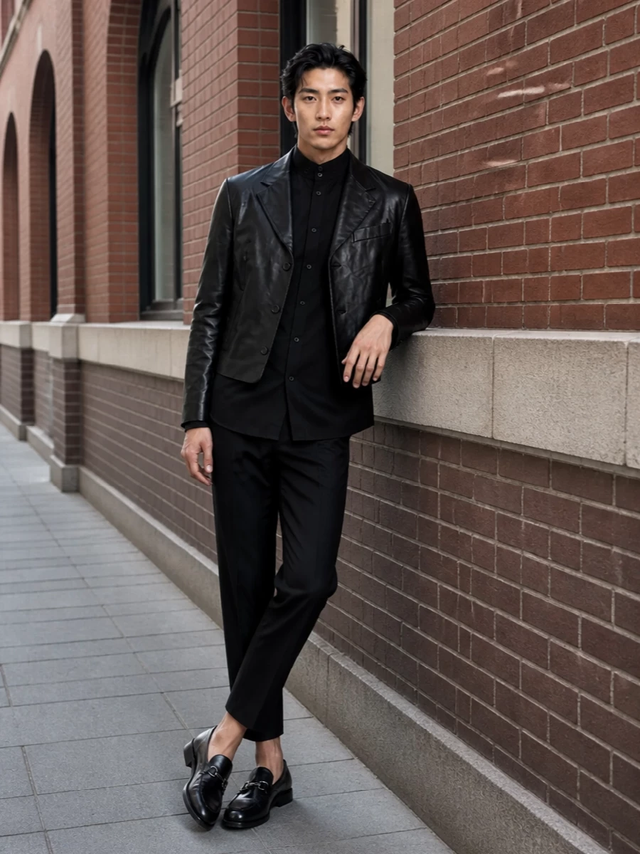 Ferragamo leather jacket prada trousers outfit