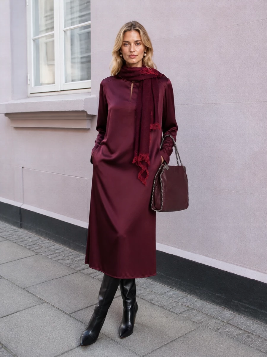 Stella mccartney burgundy satin dress outfit