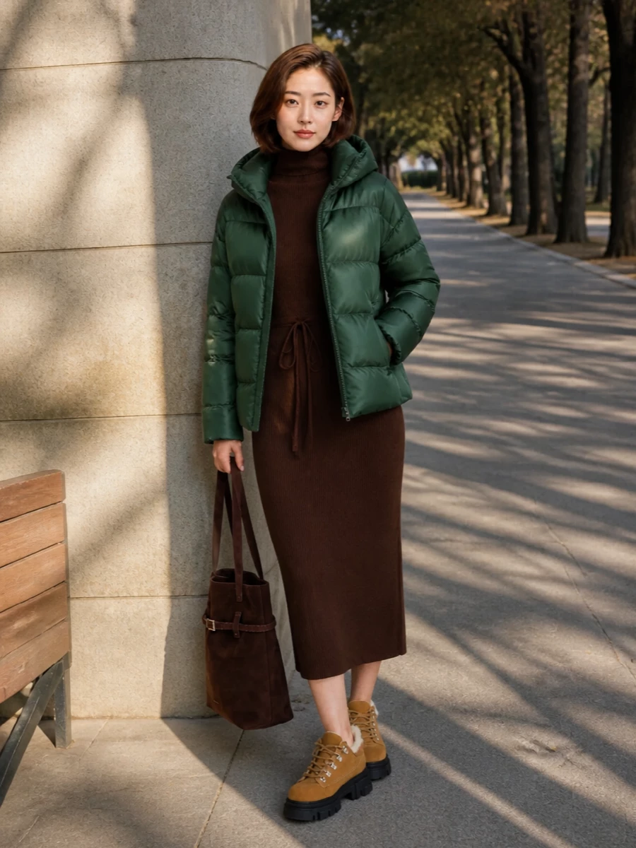 I chose the dress path so the outfit reads as a clean winter column under the forest-green Weekend Max Mara puffer, rather than breaking the line with separate top and bottom. The A.P.C. ribbed knit dress and Ganni hikers create a warm brown base with subtle sport attitude, while the Manu Atelier suede tote keeps everything polished enough for city days. It is cozy, directional and quietly practical for real cold-weather movement.