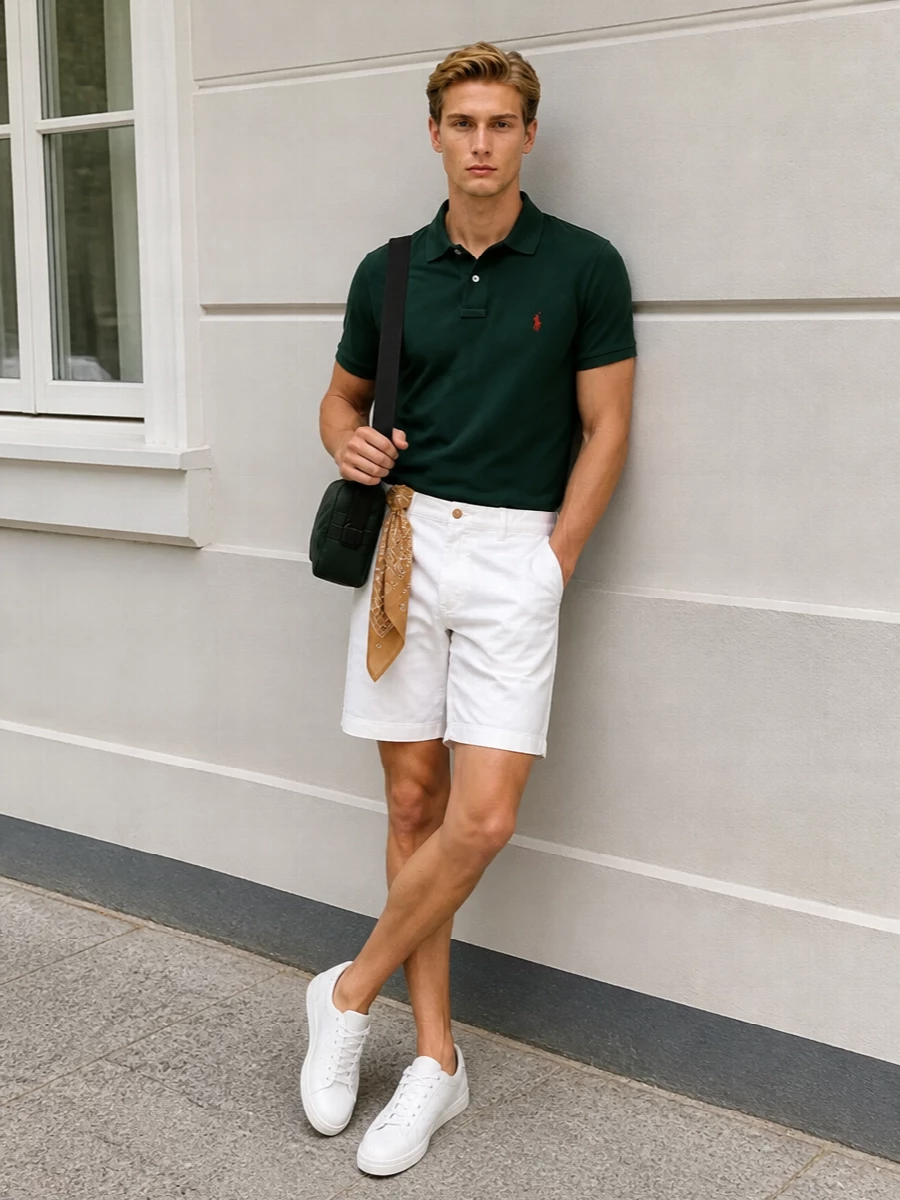 Forest green and crisp white do the work here, giving you a clean, athletic take on Polo prep that still feels grown up. The tailored chino short sharpens the classic polo, while simple white sneakers and a structured crossbody keep the silhouette light and city ready. A camel bandana is the single soft accent, tying the colours together without crowding the outfit.