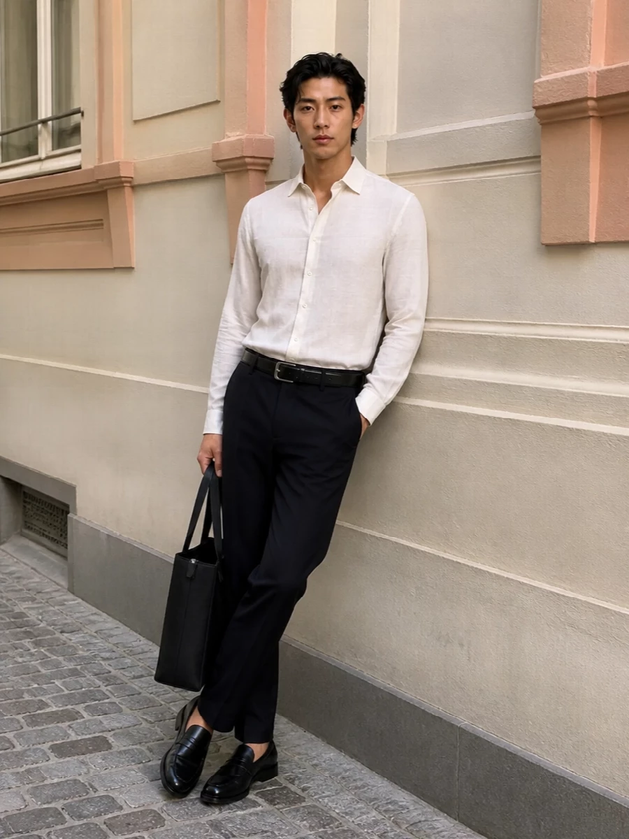 Emporio armani navy trousers ivory shirt loafers