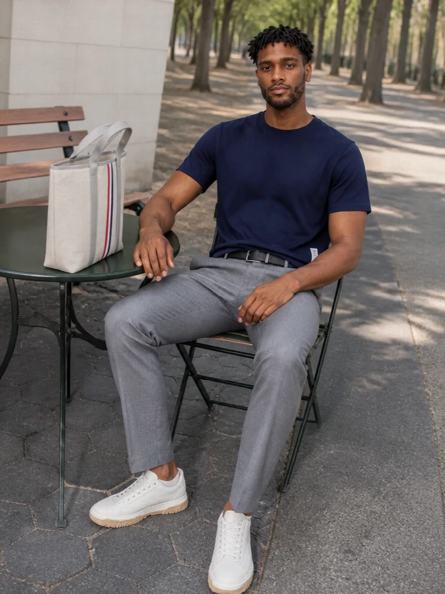 Thom browne navy tee grey tailored trousers