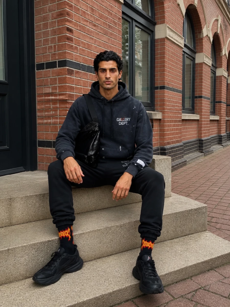This is pure studio-day energy: black Gallery Dept. joggers with the paint-splatter hoodie for a head-to-toe art-kid uniform. All-black Balenciaga runners and the asymmetric backpack keep it graphic and fast, while the flame socks add a small, deliberate jolt of attitude. The result is a tight monochrome streetwear set that feels ready for travel, errands or late nights in the city.