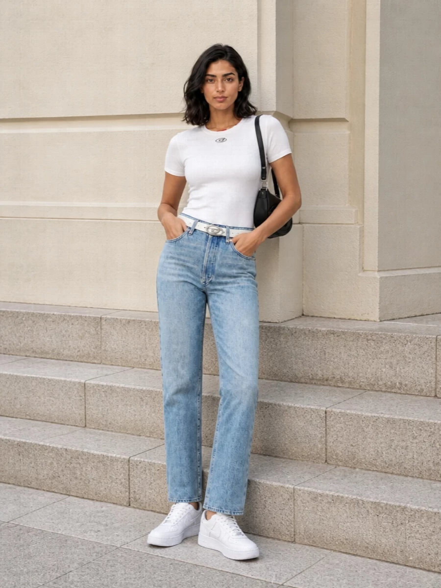 Diesel white tee high rise straight jeans outfit