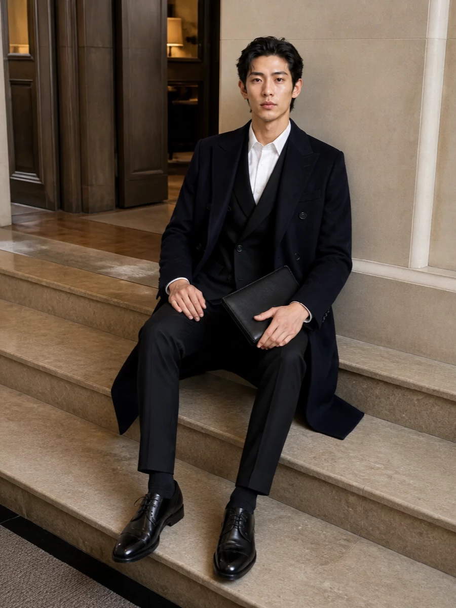 Dolce gabbana navy coat black tailored suit