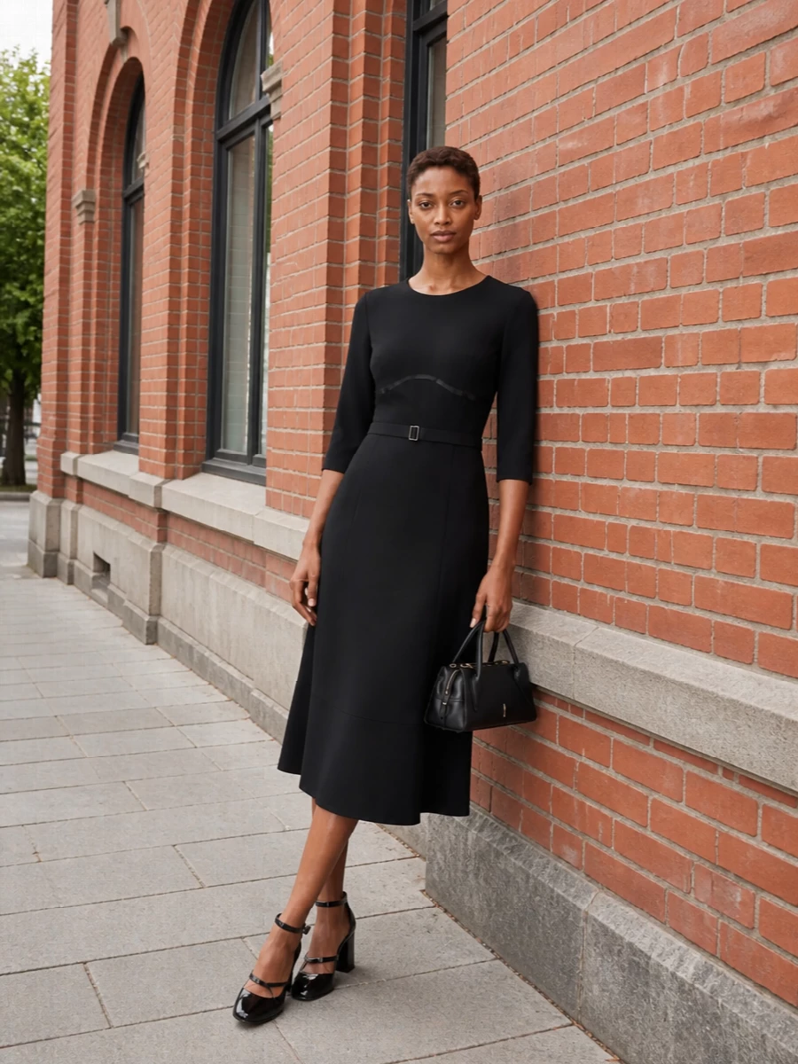 This pairing leans into a restrained black column narrative, with the Prada belted midi dress echoing the Margiela pumps’ sculptural lines and formality. The covered, cinched silhouette plays beautifully against the glossy block heel, giving a modern, gallery-dinner kind of poise. Opting for the single dress route keeps the story very focused, letting proportion and finish carry the sophistication without extra separates.