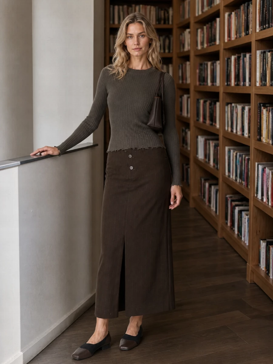 The taupe ribbed knit meets a dark chocolate pinstriped maxi skirt for a long, lean column that feels thoughtful rather than strict. Low-heeled square-toe ballerinas and a slim chocolate shoulder bag keep everything grounded in quiet, tactile neutrals. A dark olive scarf finishes the mix with just enough texture to underline the sweater’s lived-in edge.