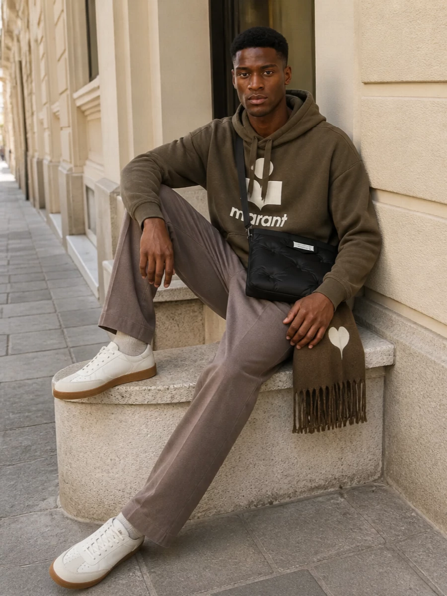 Isabel marant olive hoodie taupe trousers outfit
