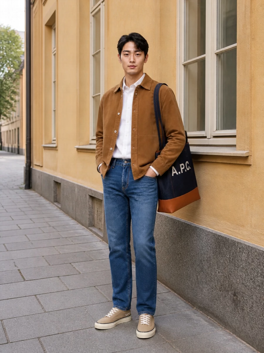 Apc camel overshirt jeans canvas sneakers