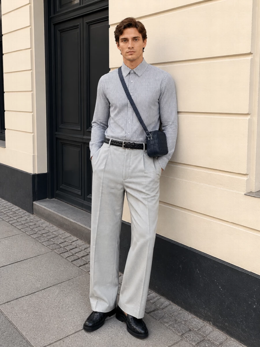 Bottega veneta striped shirt grey wide trousers