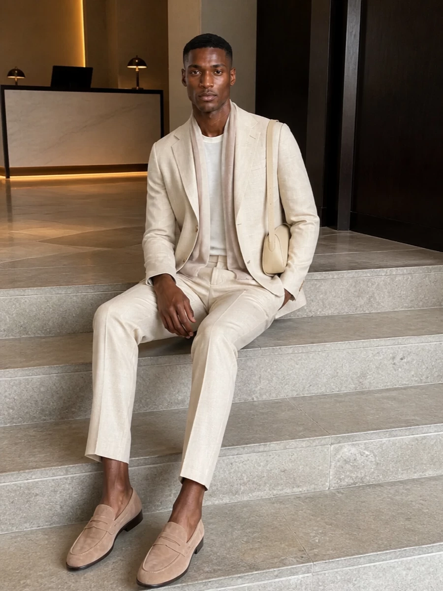 Light beige tailoring meets sand suede and soft cream leather for a quietly polished summer ensemble. The near-matching trouser keeps the blazer crisp and formal, while the tonal penny loafers and minimal shoulder bag hold the palette in a refined, modern place. A whisper-light silk scarf adds just enough movement and interest without disturbing the clean lines.