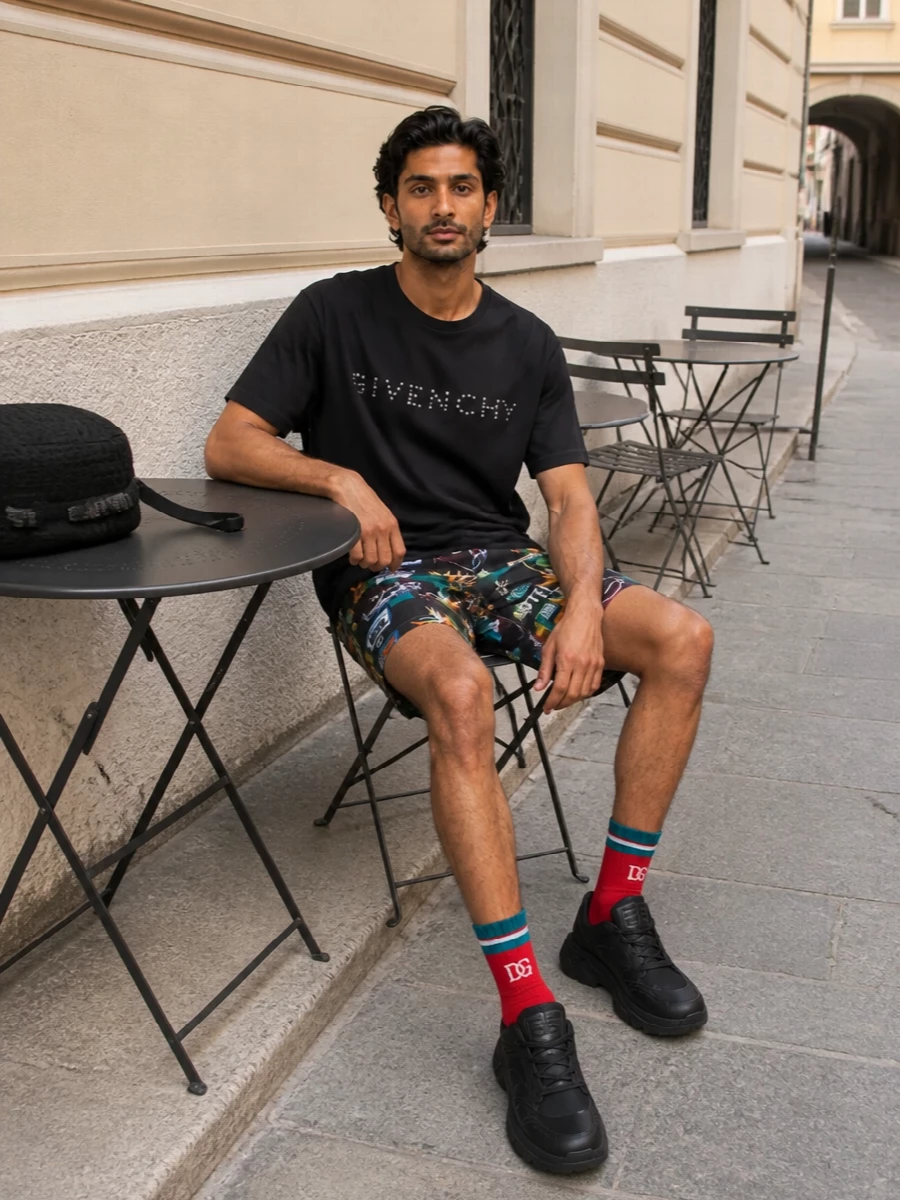 Givenchy graphic swim shorts black tee outfit