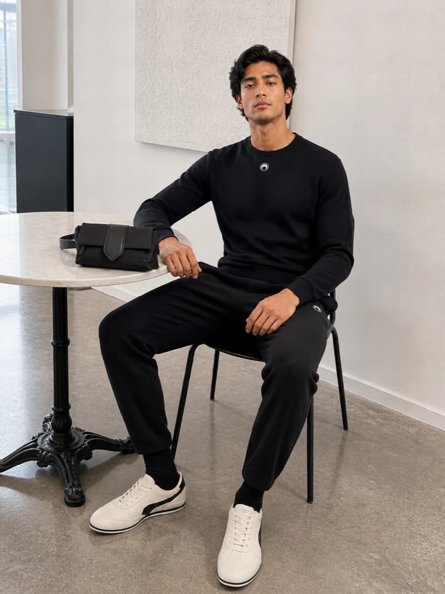Marine serre black track pants knit runners outfit