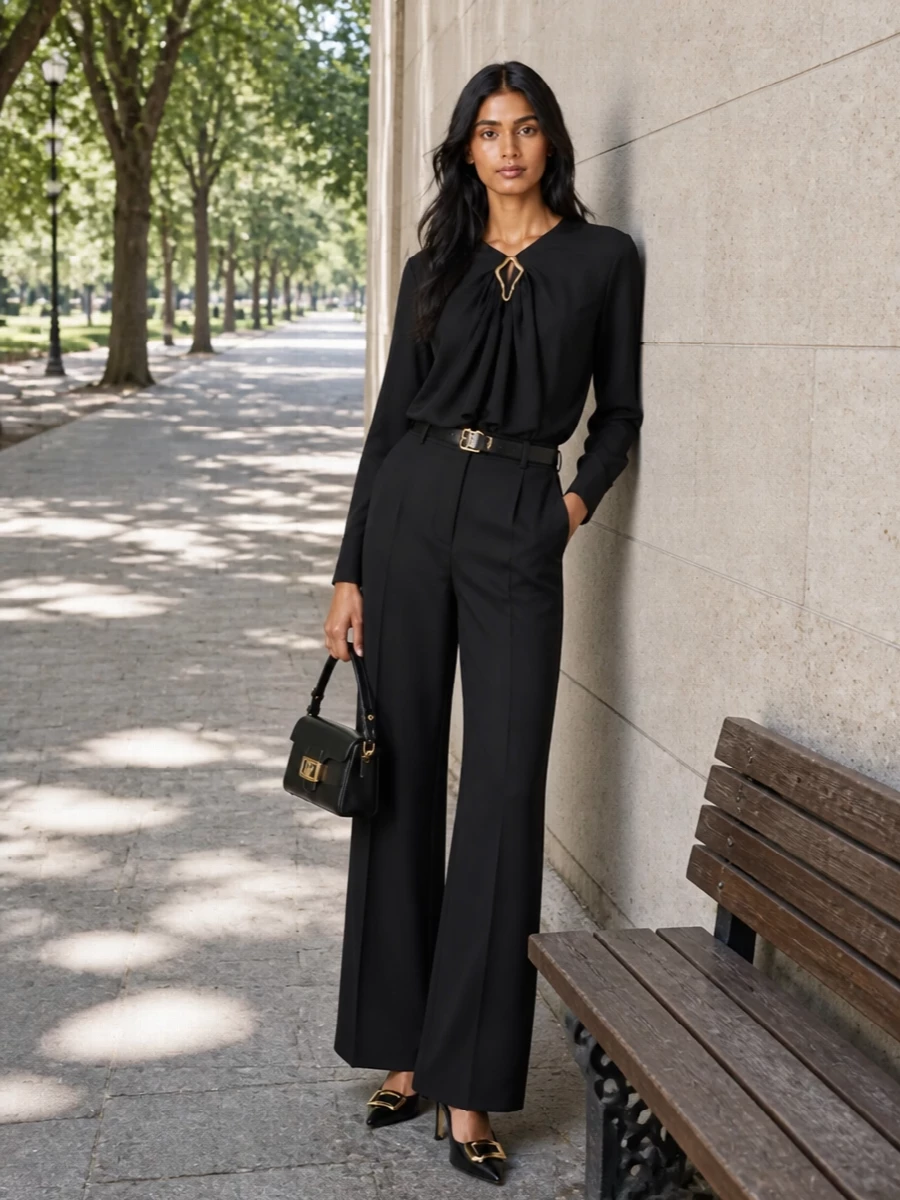 A monochrome Lanvin tailoring story, this pairing lets the high-rise wide-leg trouser and sculptural draped top create a long, uninterrupted black column with just a touch of pale gold at the neckline. Sculpted pumps and a structured mini bag in matching black and gold sharpen the finish, while a slim belt can be added to define the waist without disturbing the clean, fluid line. The result is boardroom-to-dinner polish that feels controlled, modern and quietly commanding.