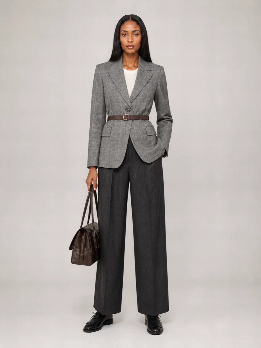 S Max Mara Single-Breasted Checked Wool Belted Blazer