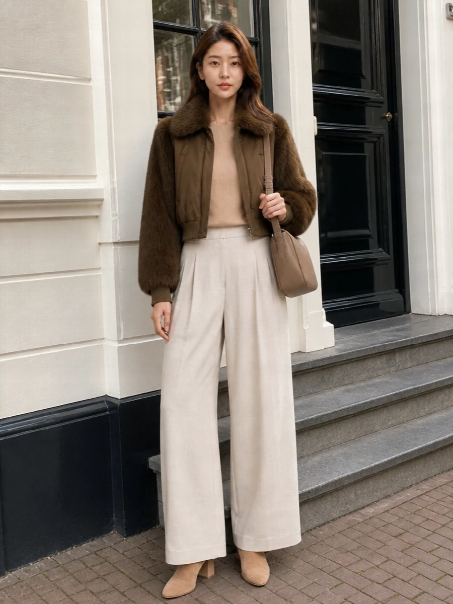 This outfit builds around the plush cropped bomber with a clean, tailored base so the texture reads intentional rather than heavy. Light stone wide-leg trousers and a fluid camel knit keep the palette soft and modern, while suede ankle boots and a taupe shoulder bag quietly tie the warm neutrals together. I chose the top and trouser route over a dress to respect the bomber’s sporty tailoring and maintain an elegant, elongated winter silhouette.