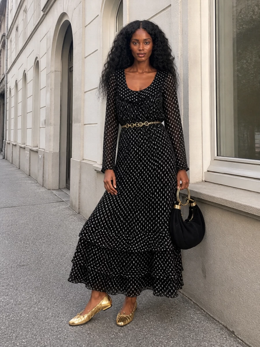 Chloe black maxi dress gold flats hobo bag