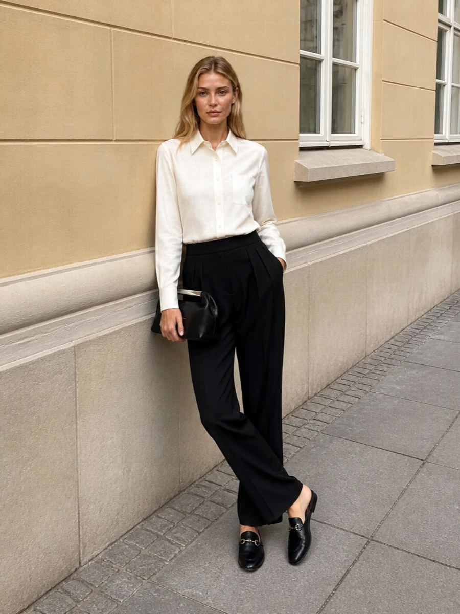 A crisp ivory shirt tucked into fluid black Armani tailoring lets the Gucci mules set the tone, all about quiet sharpness and ease. The monochrome palette keeps the focus on line and proportion, with subtle hardware details tying shoes and bag together. It is a polished city outfit that moves easily from daytime appointments to low-key dinners without ever feeling loud.