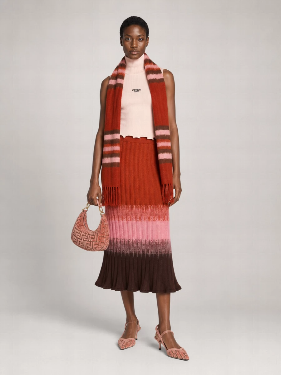 Fendi Mohair Blend Ribbed High-Rise Flared Midi Skirt