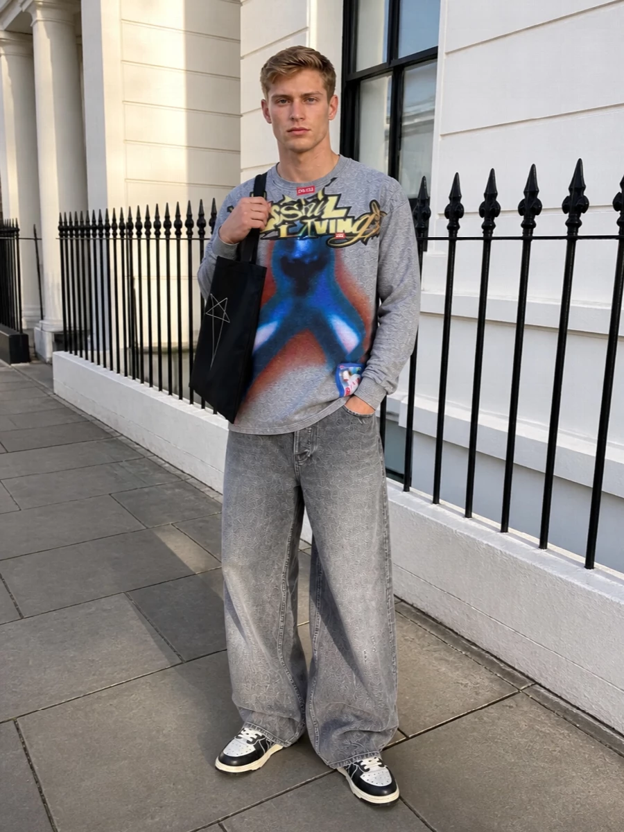 A heathered graphic Diesel tee meets ultra-wide grey denim for a pure early-2000s skate silhouette with a darker, grungy twist. Black and off-white Amiri sneakers and a stark Drkshdw tote sharpen the attitude, keeping the palette tight while letting the airbrushed artwork stay the focal point. It feels like late-night city energy, easy to wear but visually loud in all the right ways.