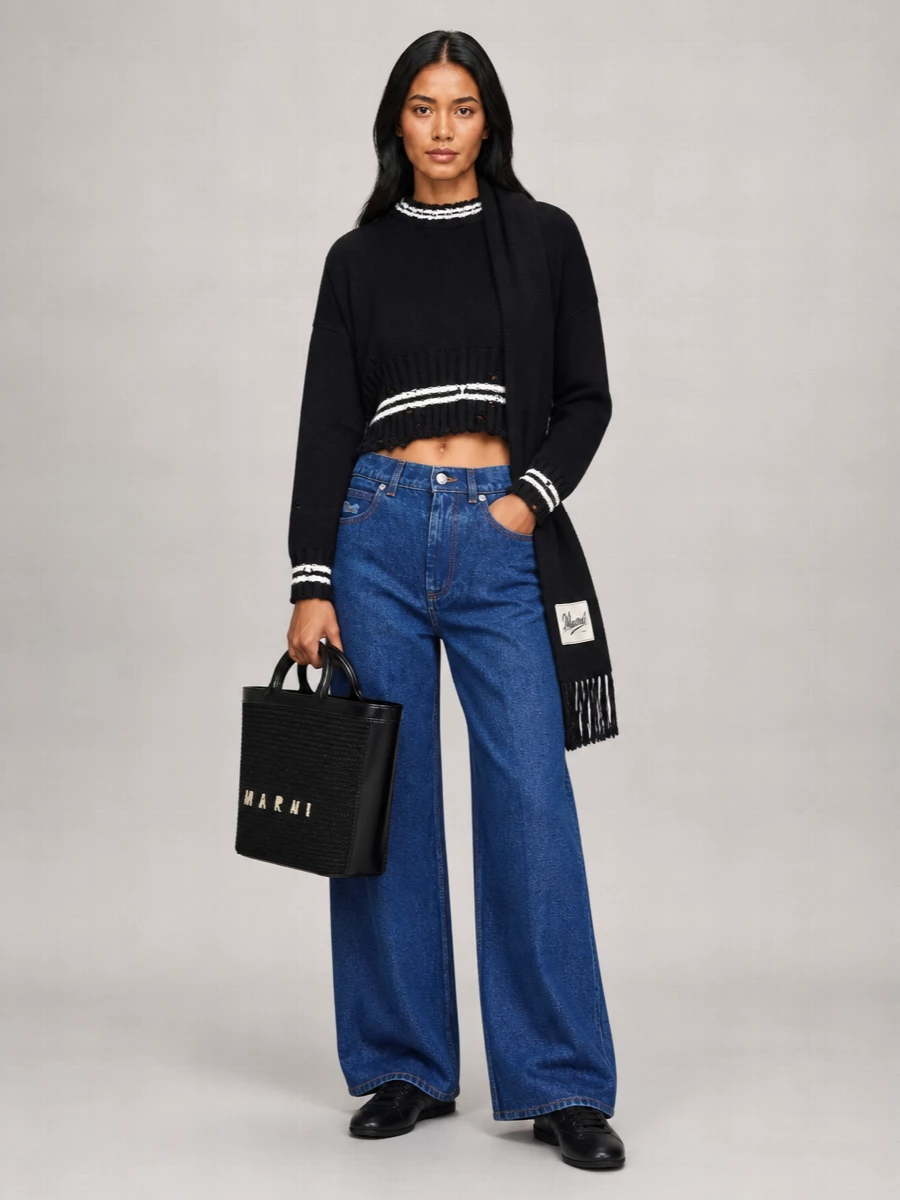 Marni Cotton Cropped Distressed Crewneck Jumper