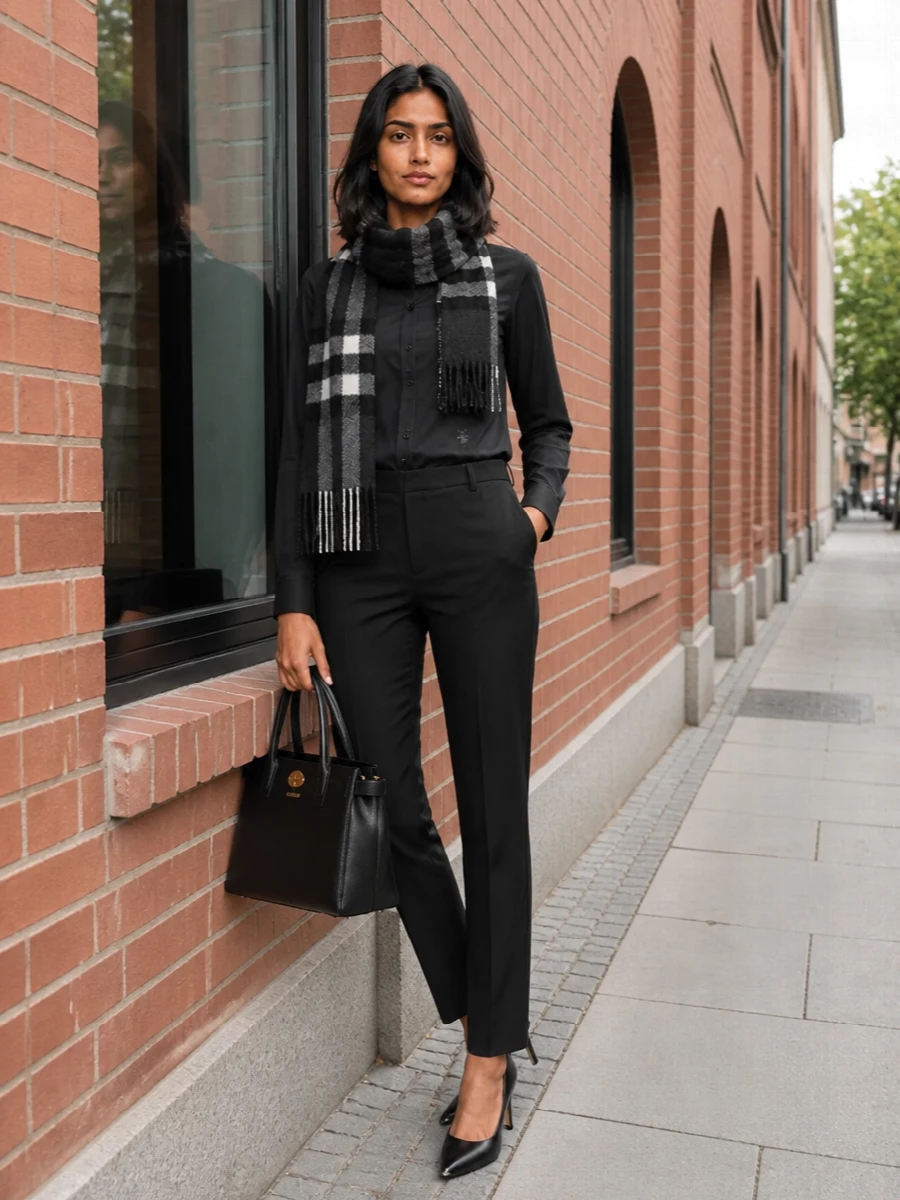 A deep charcoal shirt meets precise black tailoring for a monochrome take on office dressing that feels calm, sharp and assured. Sleek pumps and a structured top-handle bag keep the lines clean and intentional, while the charcoal scarf adds just enough texture and house-code detail.