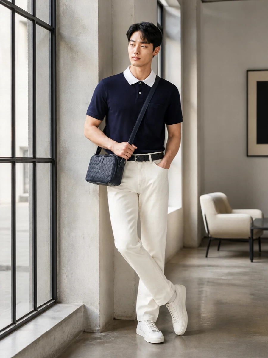 Mens quiet luxury polo ivory trousers outfit
