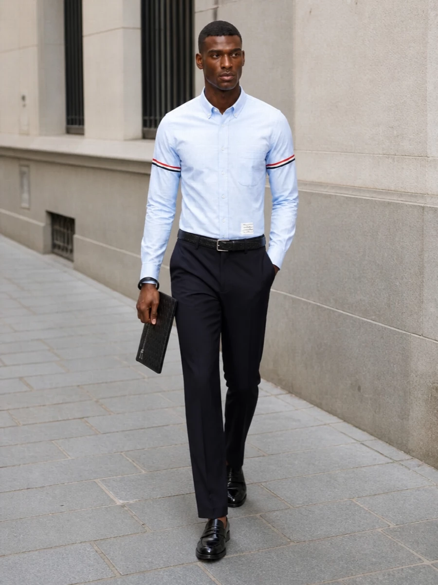 Thom browne navy trousers stripe shirt outfit