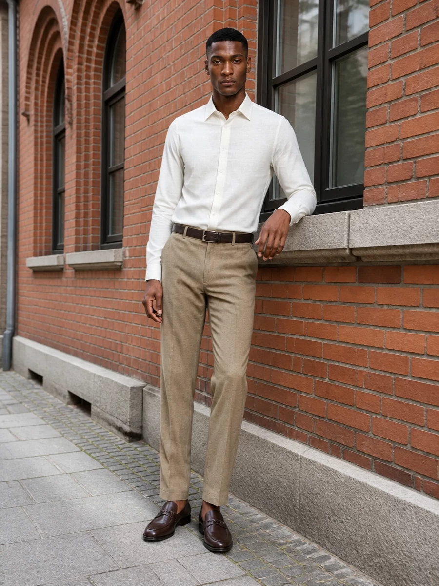 Ferragamo camel trousers ivory shirt brown loafers