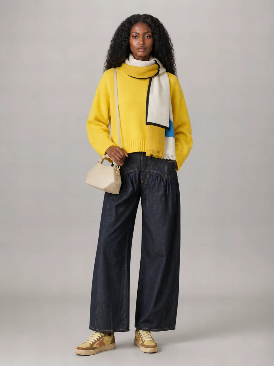 Ganni’s yellow sweatshirt meets sculpted high rise indigo denim for a relaxed, graphic streetwear pairing that still feels considered from every angle. Butter toned Golden Goose sneakers softly echo the knit without shouting, while the cream geometric crossbody and bold color‑blocked scarf pull the palette into something crisp and intentional for cooler days. The result is easy, leg‑lengthening and quietly punchy, ideal for city errands, coffee runs or casual meet ups when you still want the colors to do the talking.