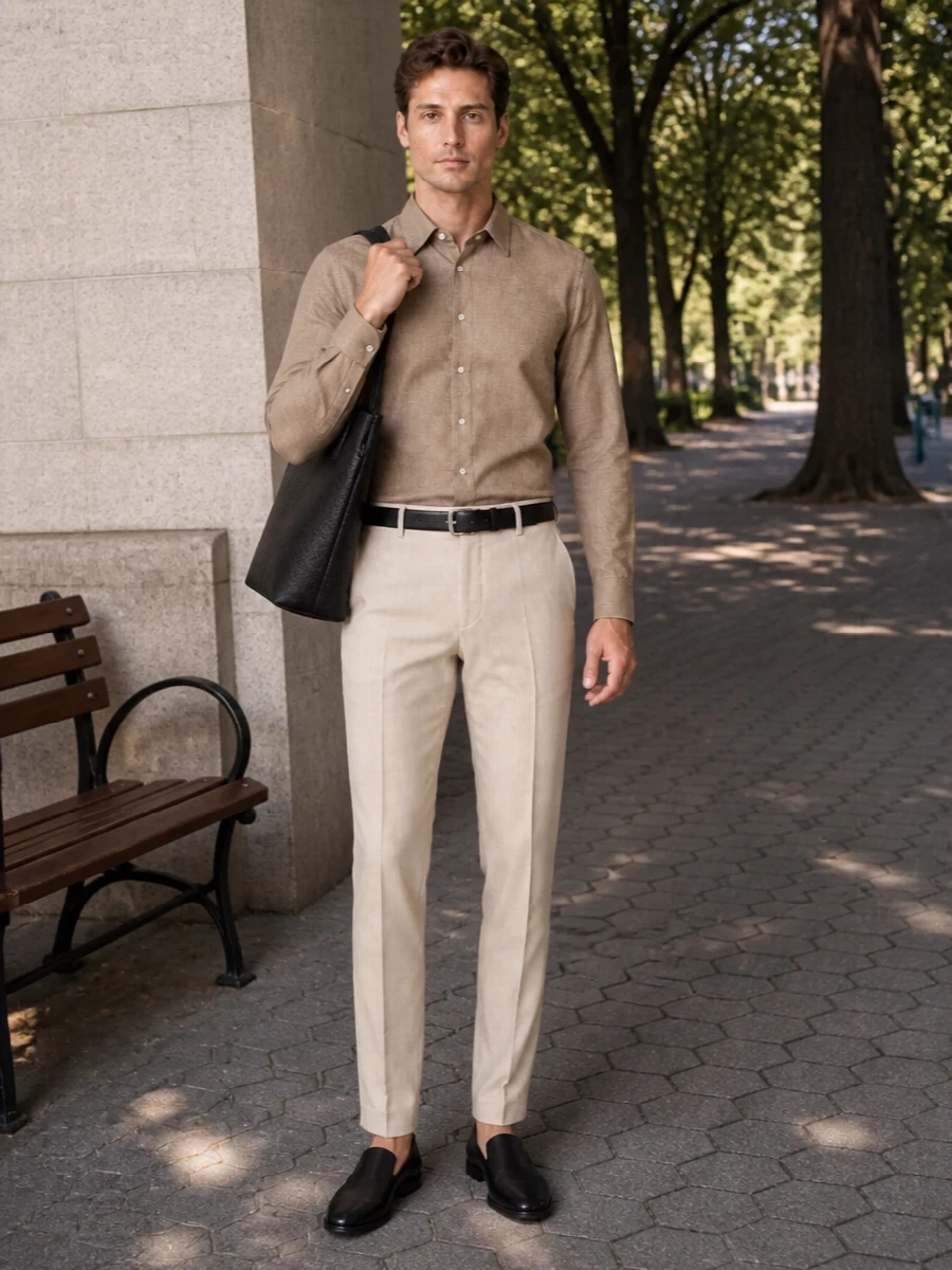 A camel-and-beige base keeps this outfit calm and precise, with the black belt, shoes and tote adding quiet definition. It is cut for warm city days when you want something sharp but not shouty. The result is an easy, minimalist uniform that moves from desk to dinner without changing a piece.