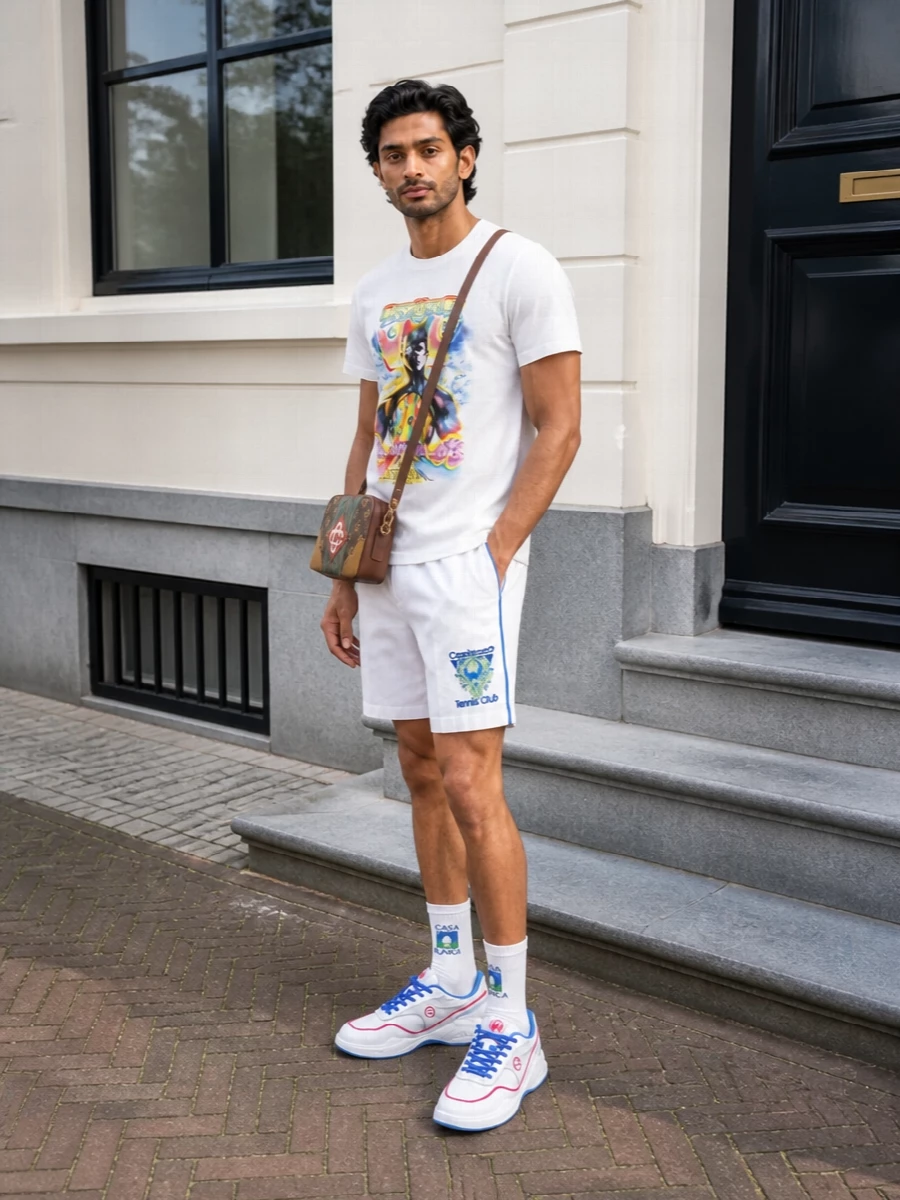 Graphic tee and crisp white tennis shorts keep the focus on saturated color and sport graphics without feeling busy. Court-inspired sneakers and a structured mini crossbody lean into that neo-country-club energy, while logo socks add a small, playful hit that ties the palette together. It is an easy warm-weather uniform for city days that blur into rooftop nights.