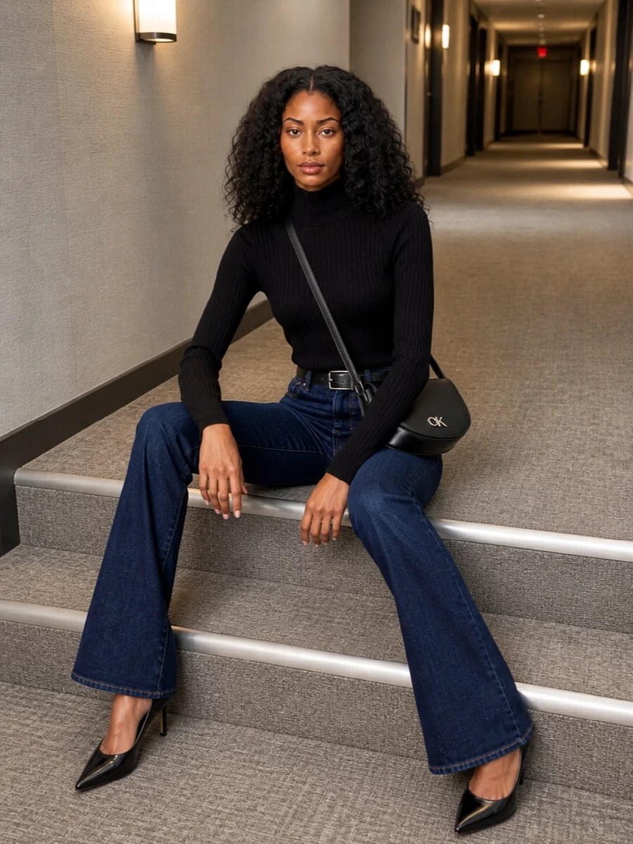 Calvin klein flared jeans black turtleneck outfit